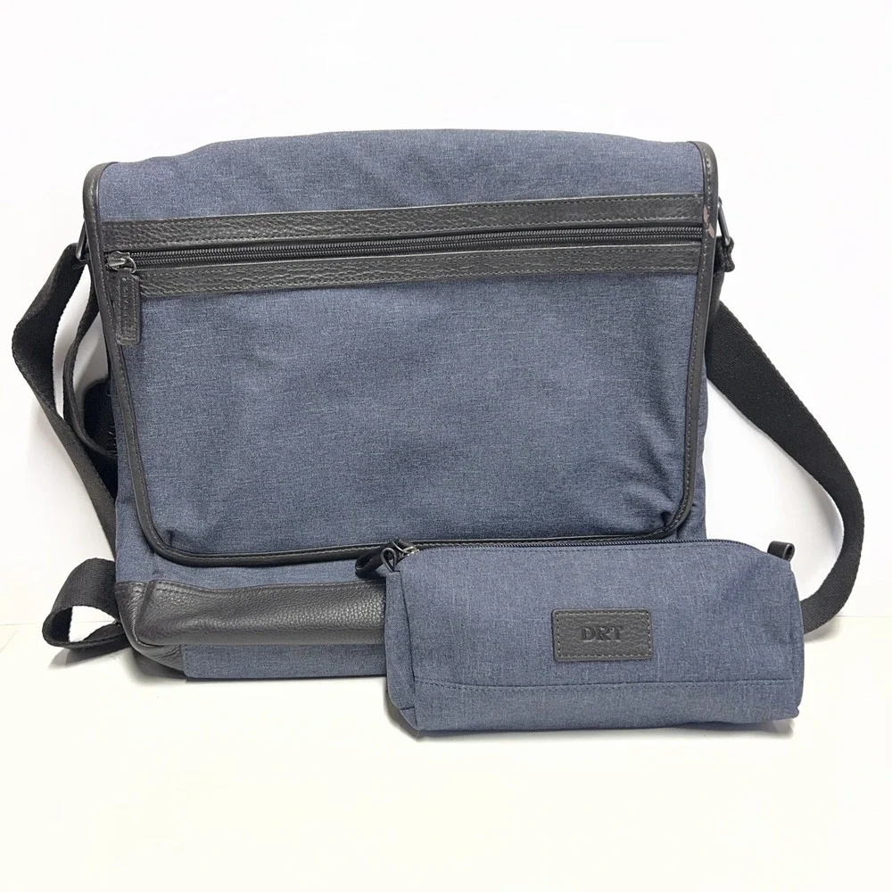 Levenger Staff Bag Messenger Crossbody Carry On Blue Jean Black Leather Accent